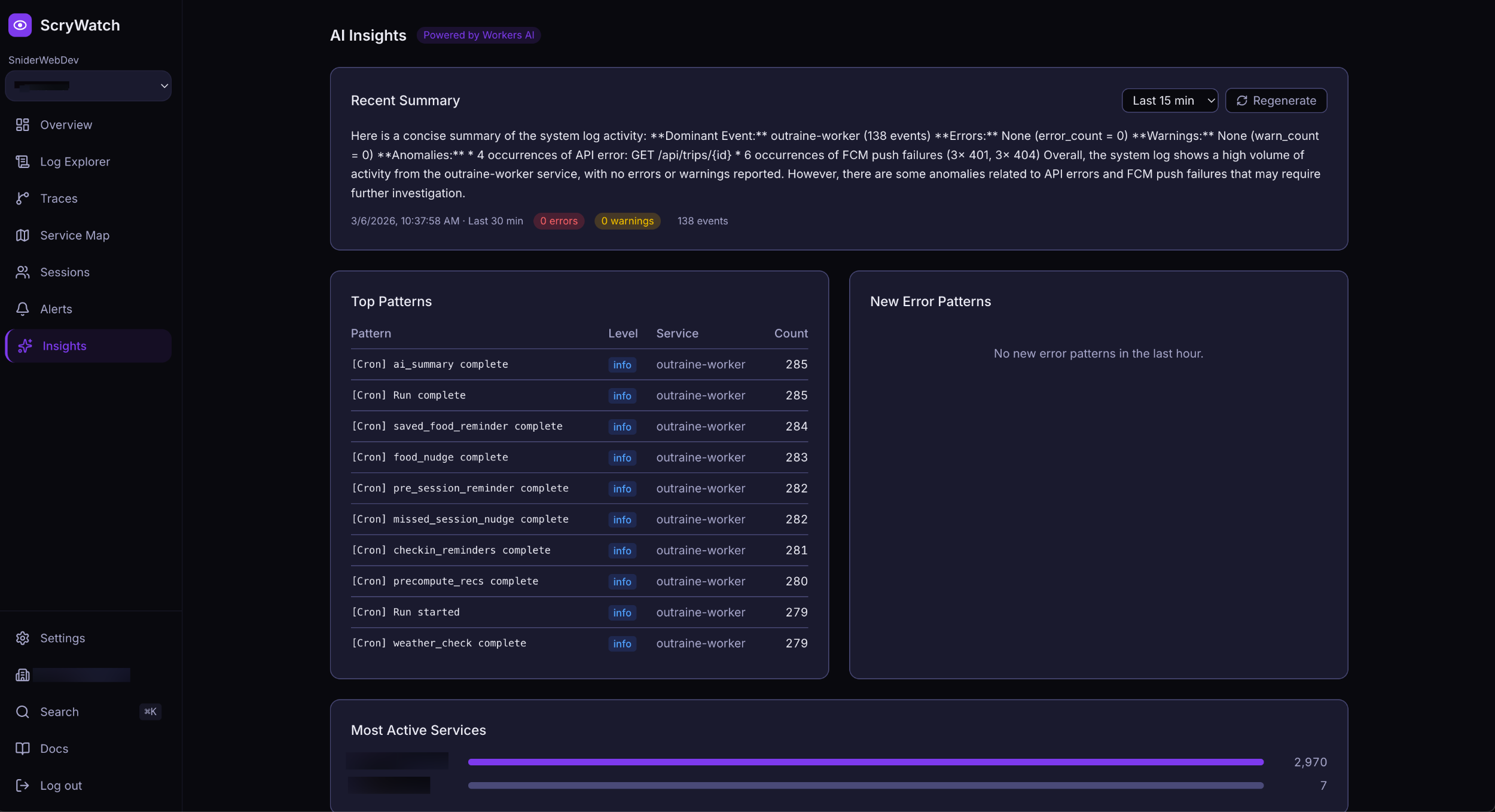 ScryWatch AI Insights showing recent summary, top patterns, and most active services