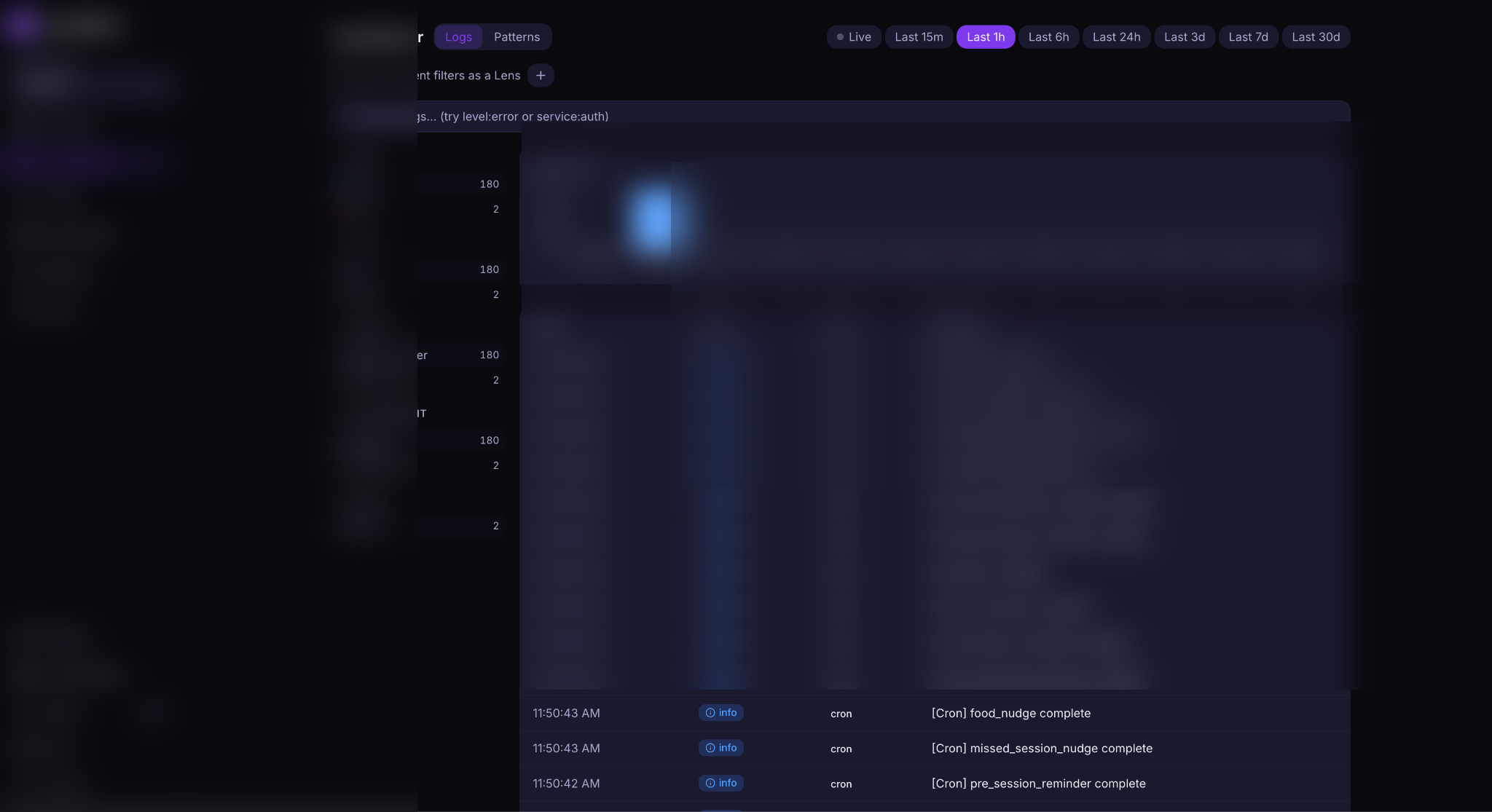 ScryWatch log explorer showing real-time log stream with faceted search