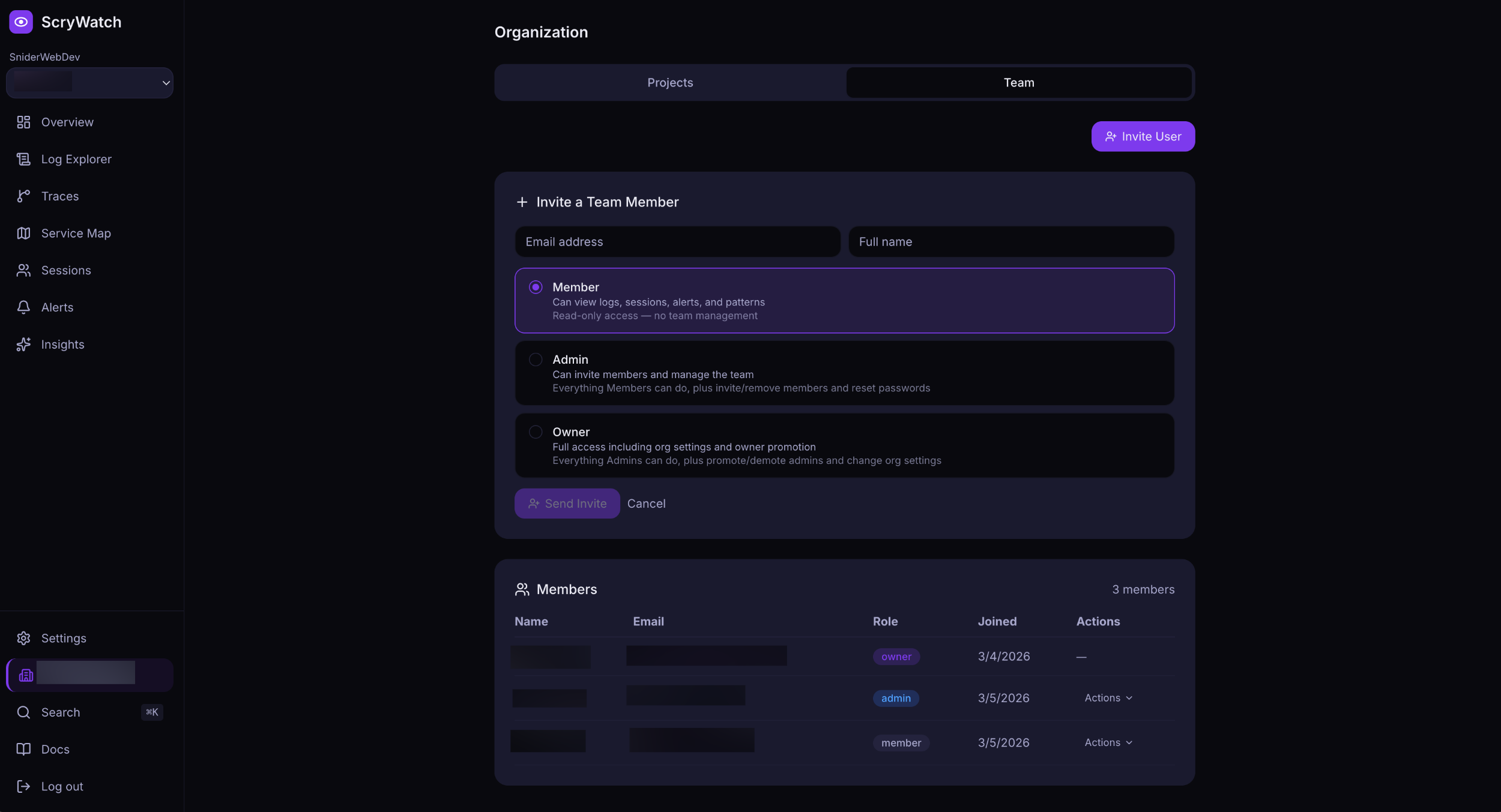 ScryWatch team management with role-based access control